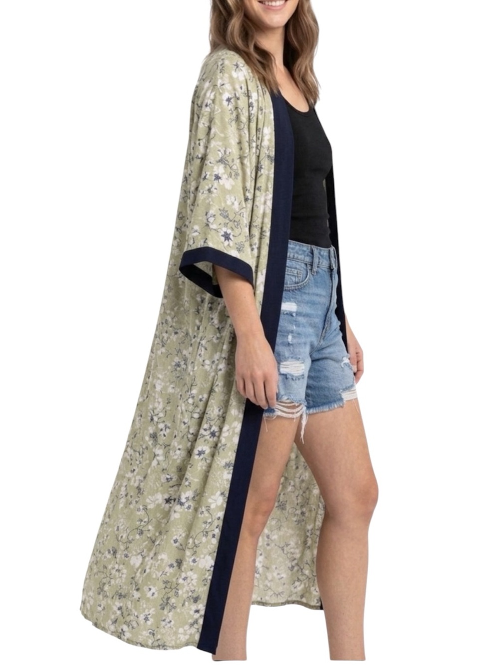 K&P PHILLIPS DESIGN Mint Green Floral Kimono Duster Robe Open Front Medium Large